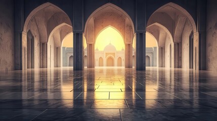 A serene mosque courtyard glowing with Shahada calligraphy, belief shaping devotion, 3D illustration