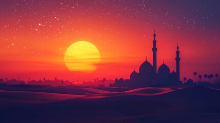 Majestic Mosque Silhouette At Sunset Desert Landscape Under Starry Sky