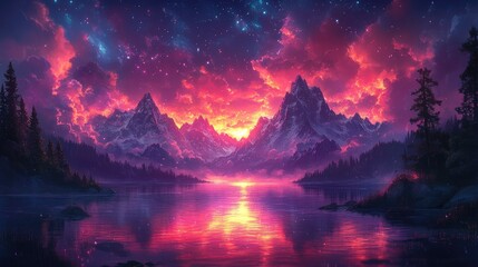 Majestic sunset over mountains reflecting in a serene lake with vibrant colors and starry sky