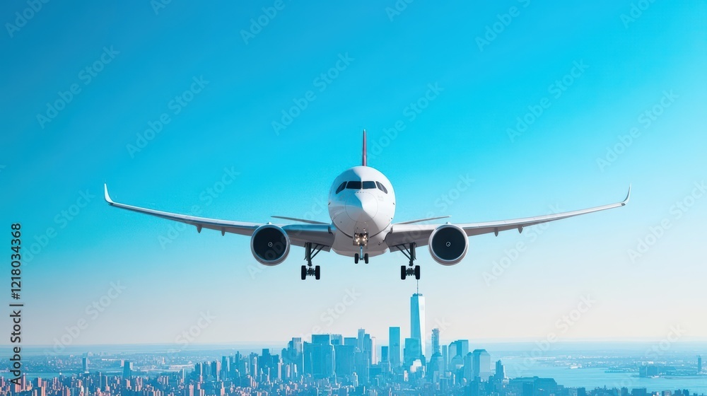 Poster a majestic airplane soaring over a vibrant cityscape at dusk highlighted by glowing lights and urban