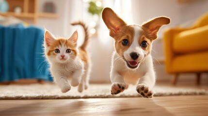 A playful puppy and kitten race towards the camera, capturing a heartwarming moment of friendship and joy in a cozy indoor setting.
