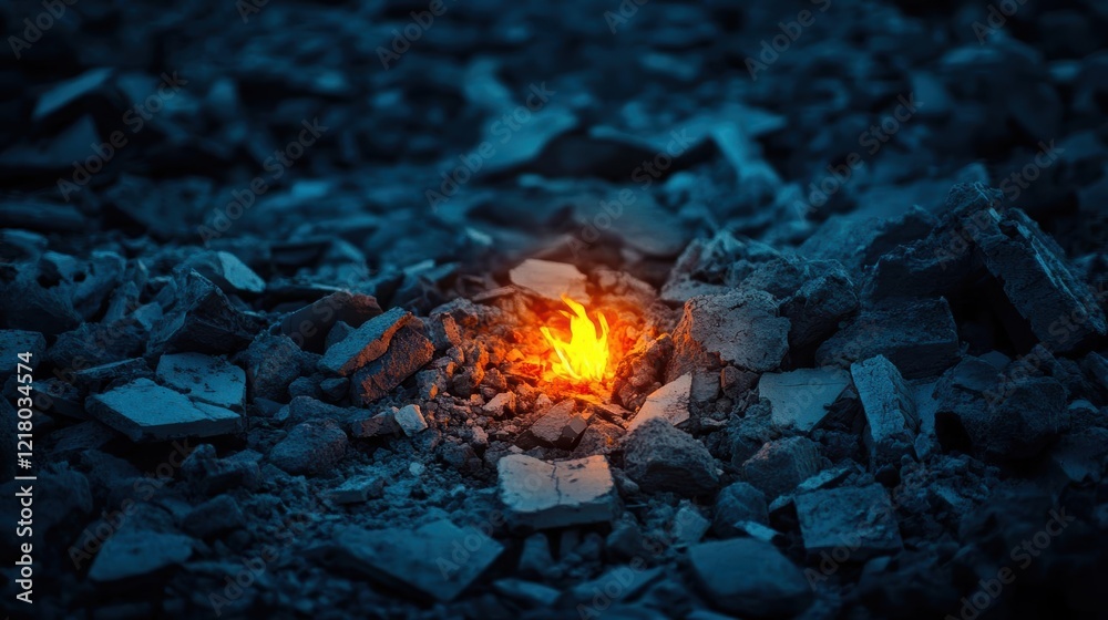 Poster flickering flames emerge from ashen debris creating a stark contrast against the chaotic rubble evok