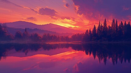 Fototapeta premium 夕焼けを映す穏やかな湖の空撮1