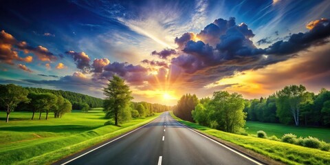 Naklejka premium Serene Landscape of an Empty Asphalt Highway Surrounded by Lush Green Park and Stunning Sky, Perfect for Road Trip Enthusiasts and Nature Lovers, Capturing Tranquility and Adventure