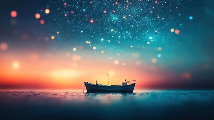 Obraz premium A Peaceful Nighttime Scene of a Boat Gently Floating on Calm Ocean Waters Under a Starry Sky Creating a Tranquil Atmosphere for Reflection