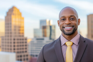 Fototapeta premium A 34-year-old african american businessman wearing a brown suit and yellow tie smiling confidently against a city skyline backdrop