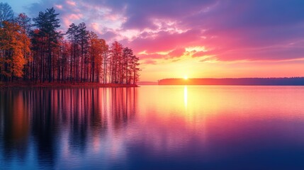Fototapeta premium Serene sunset over a tranquil lake reflecting vibrant colors and silhouettes of trees (1)