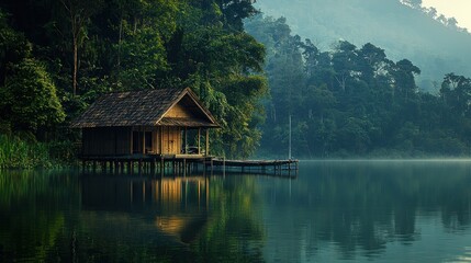 Fototapeta premium Tranquil lakeside hut in misty jungle.