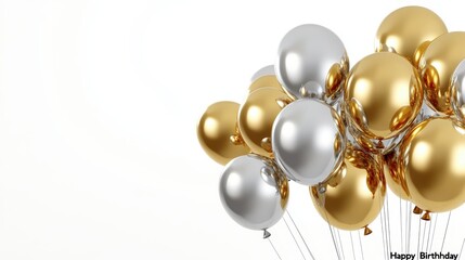 A beautiful and joyful horizontal design featuring "Happy Birthday" text and realistic golden and silver balloons, set on a clean white background.