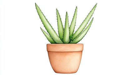 Potted aloe vera plant with vibrant green leaves in a terracotta pot against a white background