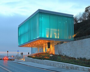Obraz premium Modern glass building at dusk.