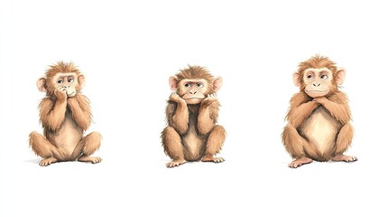 Three adorable cartoon monkeys expressing different emotions in a playful, whimsical style