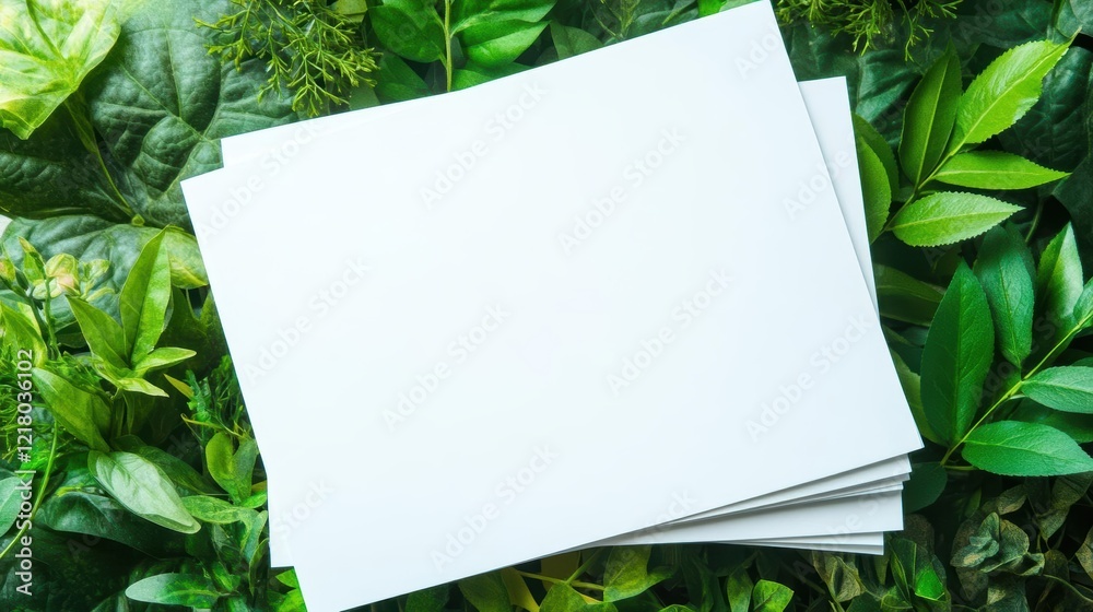 Poster elegant stack of pristine white paper nestled among lush green leaves creating a fresh and natural a