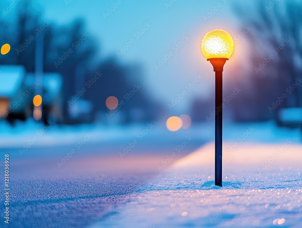 Poster a solitary street light illuminated by gentle snowfall creating a serene winter atmosphere on a quie