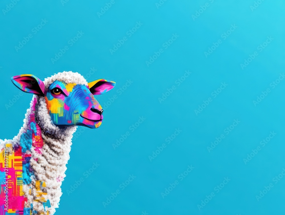 Poster vibrant colorful sheep against a bright blue background showcasing whimsical charm and playful energ