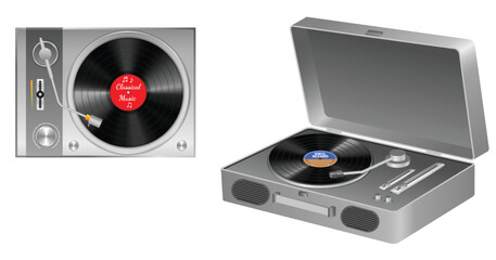 Fototapeta premium Set illustration of two vinyl record players. The left showcases a top-view record player with 