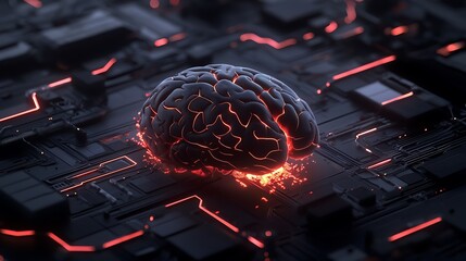 Futuristic digital brain on a circuit board with glowing elements, symbolizing AI and technology