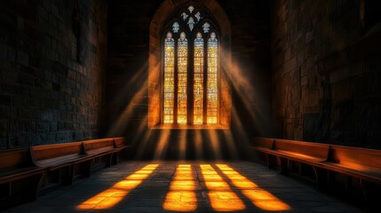 Fototapeta premium Sunbeams stream through a gothic church window, illuminating stone benches. Perfect for concepts of faith, hope, or spiritual peace.