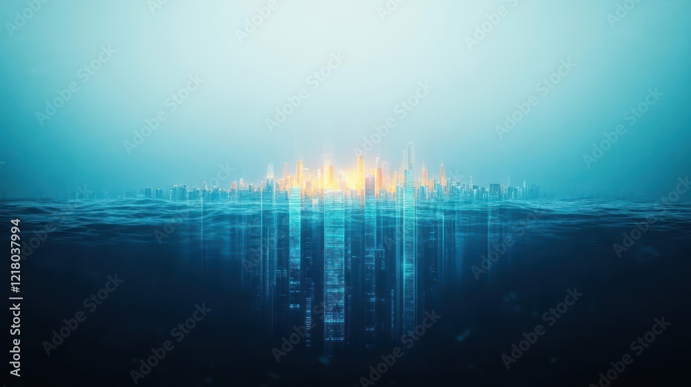 Aufkleber vibrant cityscape emerging from ocean waters illuminated by bright orange light creating a stunning 