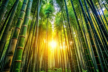 Fototapeta premium Sunlit Bamboo Forest, Peaceful Nature Scene, Rays of Sunlight Through Bamboo, Serene Landscape Photography