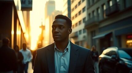 African American Businessman Walking City Street at Sunset