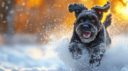Black Dog Running Joyfully Through Snowy Winter Landscape