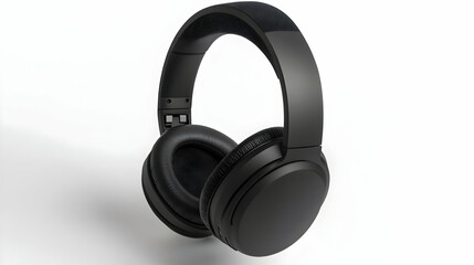 Black wireless headphones, studio shot, white background, music listening