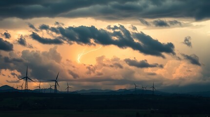 Dramatic sunset over wind turbines during a storm.