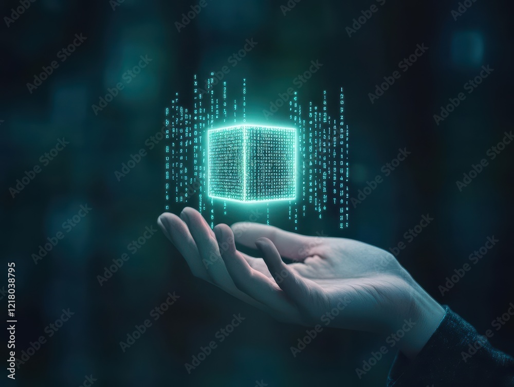 Poster A Hand Gripping a Cube Adorned with Intricate Binary Code Illustrating the Fascinating Intersection of Technology and Human Interaction in Modern Life