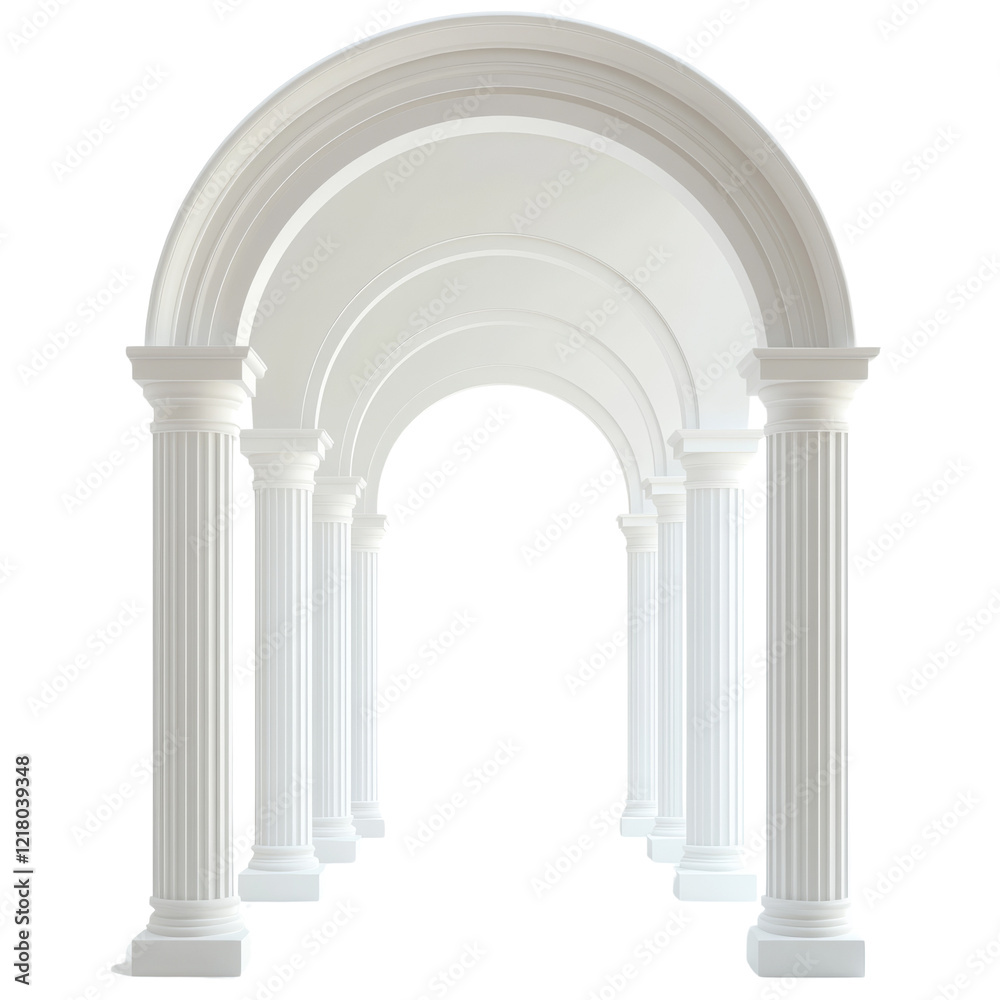 Poster a digitally rendered image showcases a series of white classical columns supporting a majestic arche