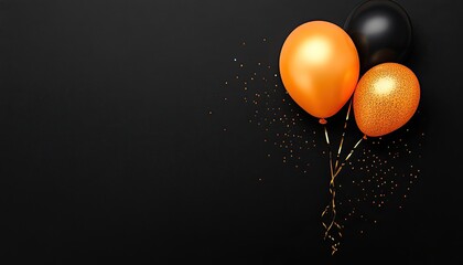 Colorful balloons in orange, black, and gold against a black background with festive sparkles