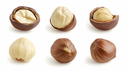 Fototapeta premium Hazelnut collection, shelled and unshelled, on white background, food packaging