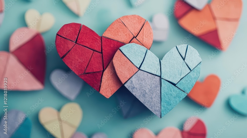 Poster Two Hearts Broken Apart Symbolizing Loss and Heartbreak with Fragments of Paper Representing Emotional Pain and the Journey of Healing and Recovery