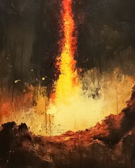 Volcano art painting, vintage
