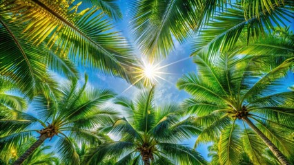 Fototapeta premium Tropical Palm Tree Branches, Sun Rays, Blue Sky Background - High Resolution Stock Photo