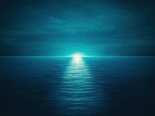 Obraz premium Majestic Nightscape Featuring a Dark Blue Ocean Under a Bright Moon Illuminating the Calm Waters Creating a Tranquil and Dreamy Atmosphere