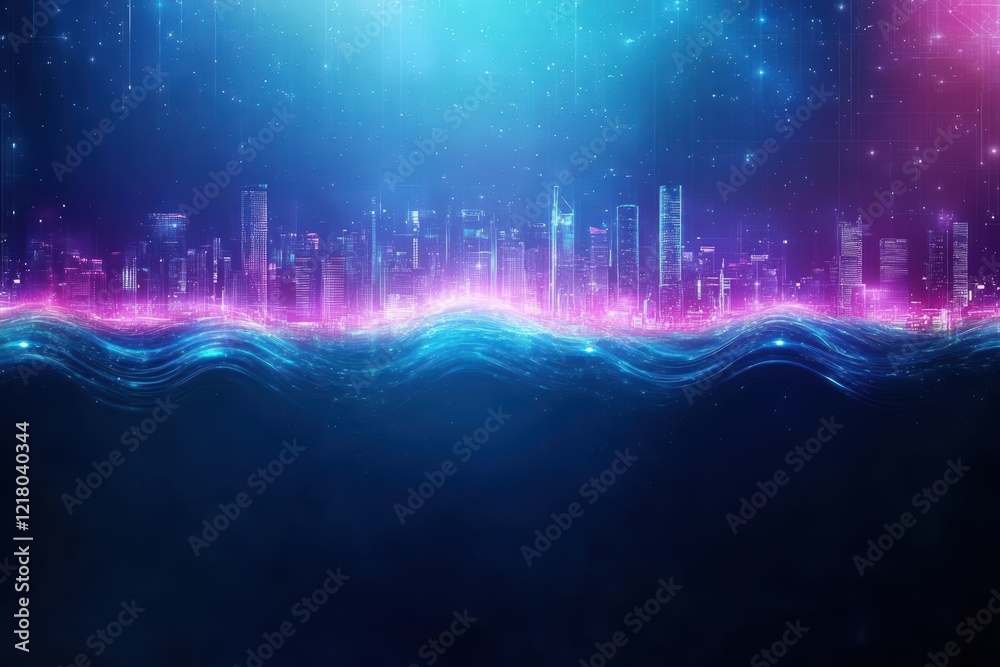 Poster vibrant city skyline illuminated by neon lights at night with gentle ocean waves lapping against the