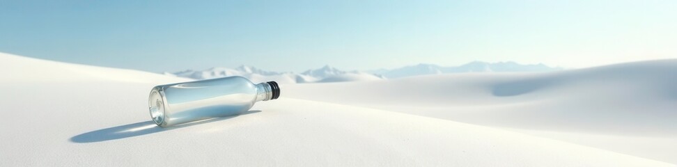 Glass bottle lying on its side on a vast expanse of pristine white sand dunes in a desert landscape, nature, sand