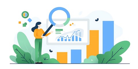 Woman analyzing business charts and graphs with magnifying glass.