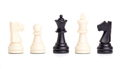Chess pieces arranged strategically, showcasing a knight, pawn, queen, king, and another knight on a white background