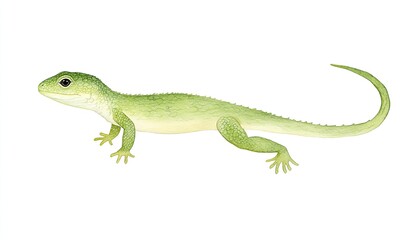 A vibrant green lizard gracefully positioned on a white background, showcasing its unique features