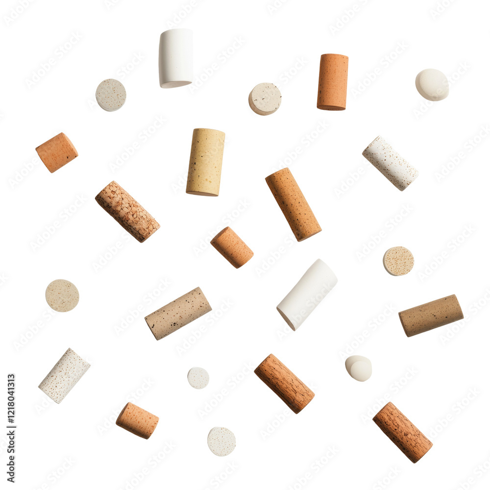 Leinwandbilder an assortment of wine corks in various shapes and colors are scattered against a transparent backgro