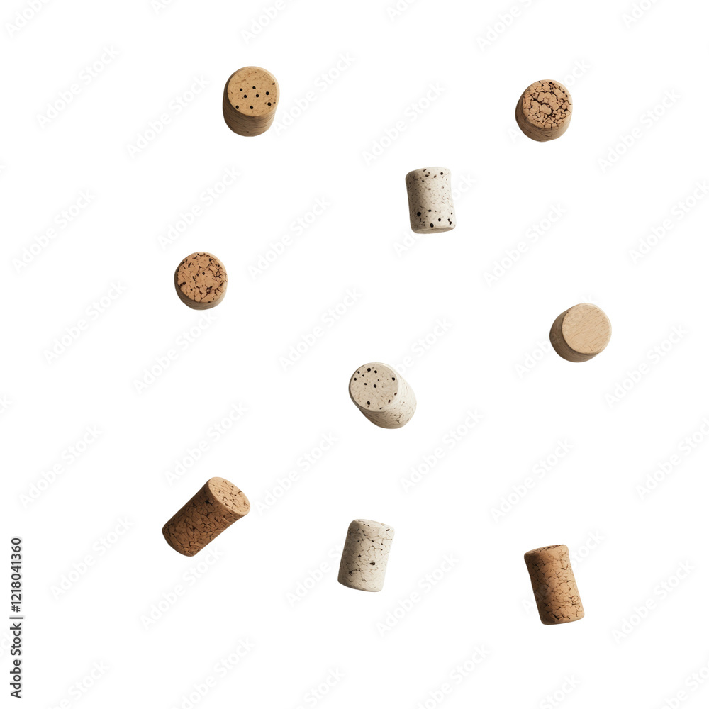 Aufkleber multiple wine corks of varying shapes and shades of brown and beige are shown falling against a tran