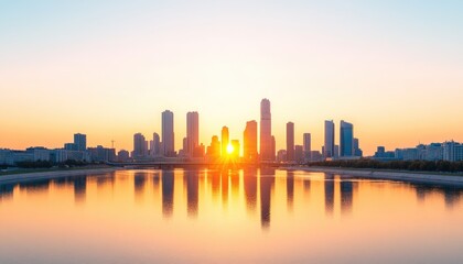 Fototapeta premium Sunset over a city skyline reflecting on water, showcasing buildings and serene atmosphere at dusk