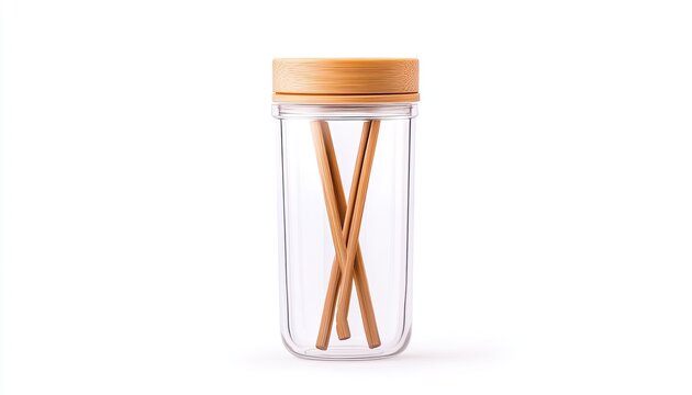 Clear container with bamboo lid holding two eco-friendly straws, set against a clean white background