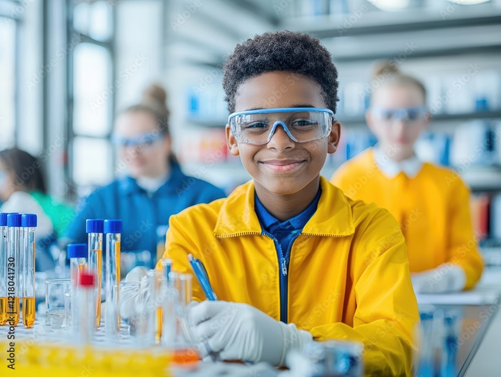 Poster young boy wearing glasses holding a pipe in a thoughtful pose evoking curiosity and imagination in a