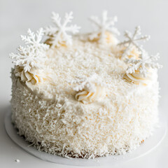 A delightful white cake adorned with snowflake decorations and coconut flakes, perfect for a winter celebration.