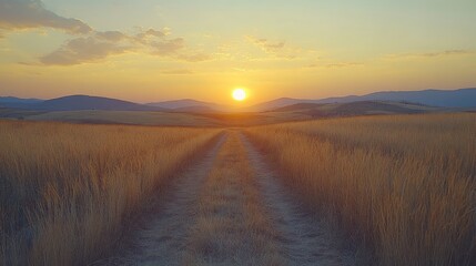 Serene sunset over a winding dirt path through golden fields and distant mountains