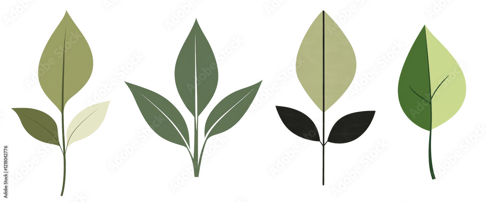 Poster the image depicts four simplified illustrations of leaves in varying shades of green and one with bl