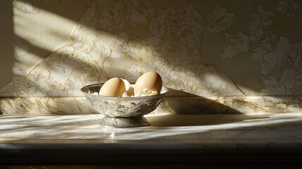 Two eggs in antique bowl, sunlit kitchen counter.
